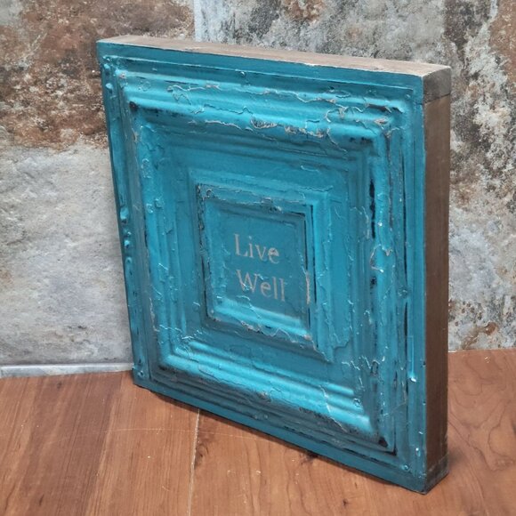 Turquoise Distressed Live Well Tin Metal on Wood Frame Hanging Wall Decor - Picture 11 of 12
